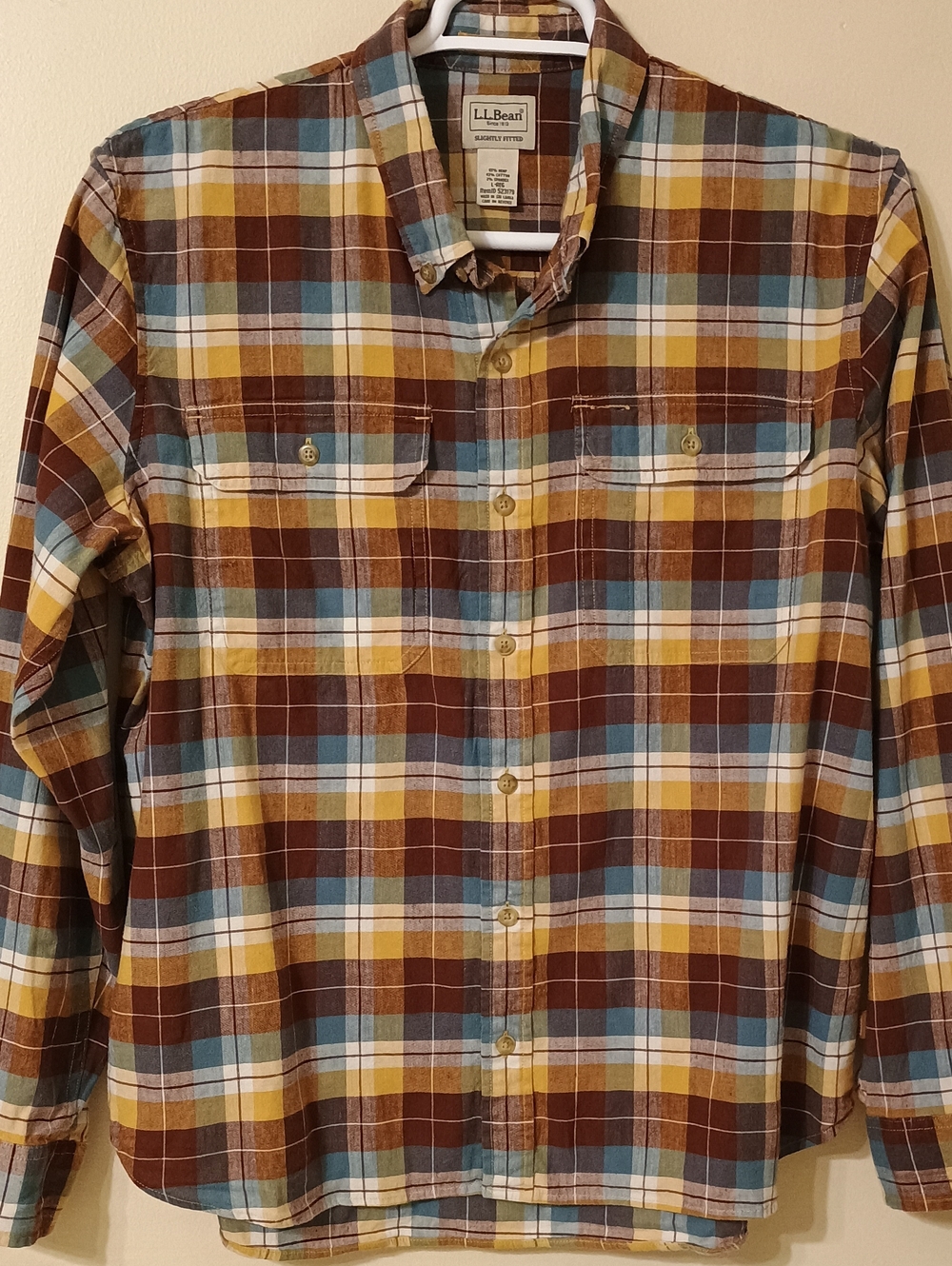 LL Bean Stonecoast Hemp Blend Plaid Button Down Shirt Slightly Fitted Untucked L